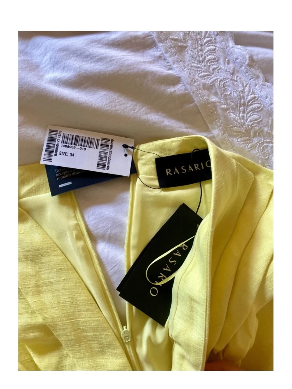 Rasario Yellow Ruched linen Midi Dress with Front Slit and crystal buttons - Picture 4 of 8